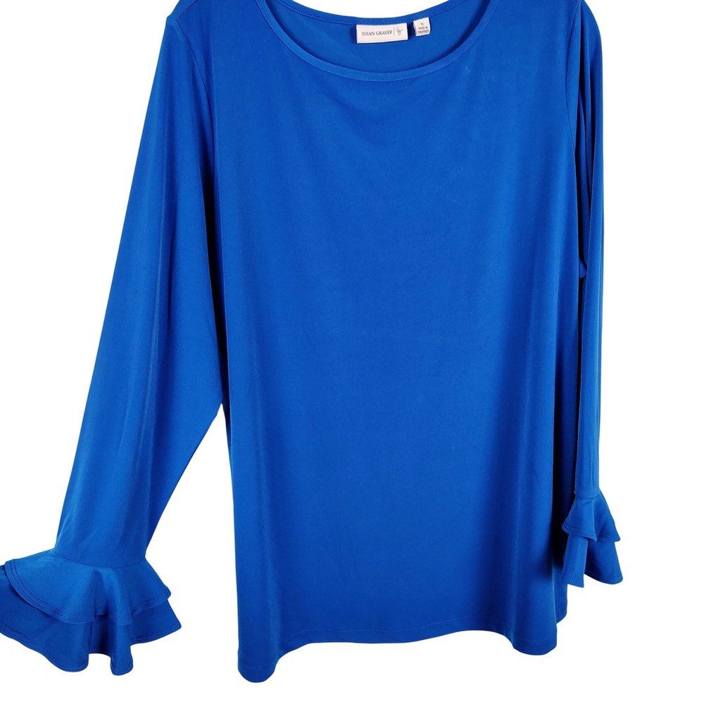 Susan Graver Womens 1X Ruffle Sleeve Blouse Royal Blue Tiered Cuff Career Top
